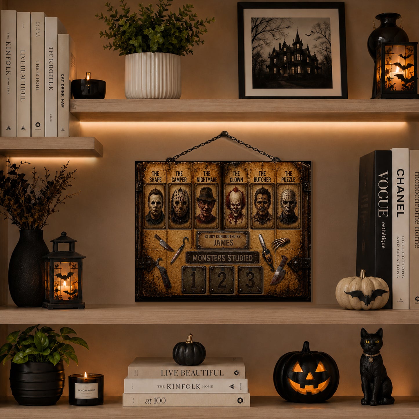 Personalized Horror Movie Tracker Sign, Horror Monster Studied, Spooky Wooden Countdown Decor, Gift for Horror Fans