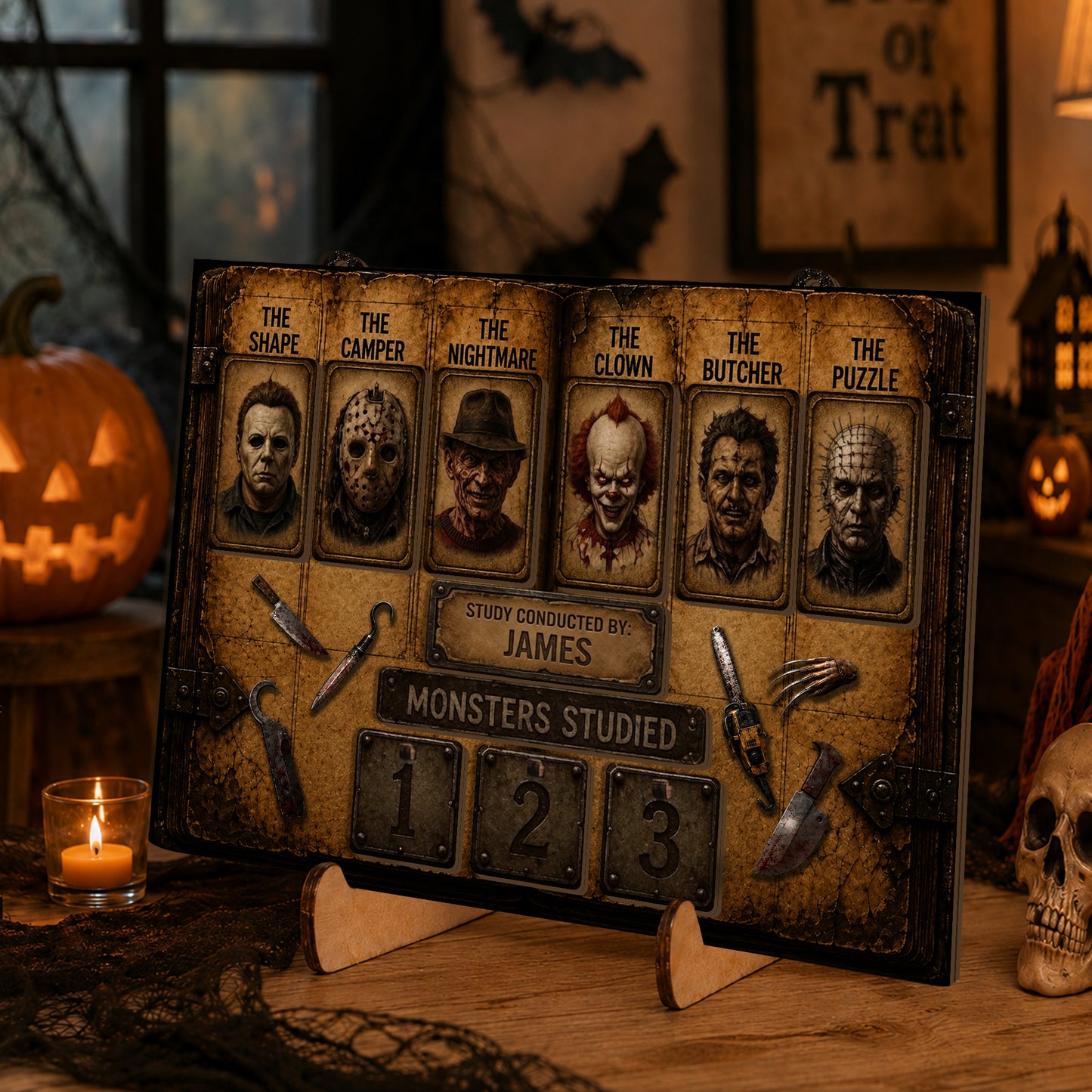 Personalized Horror Movie Tracker Sign, Horror Monster Studied, Spooky Wooden Countdown Decor, Gift for Horror Fans