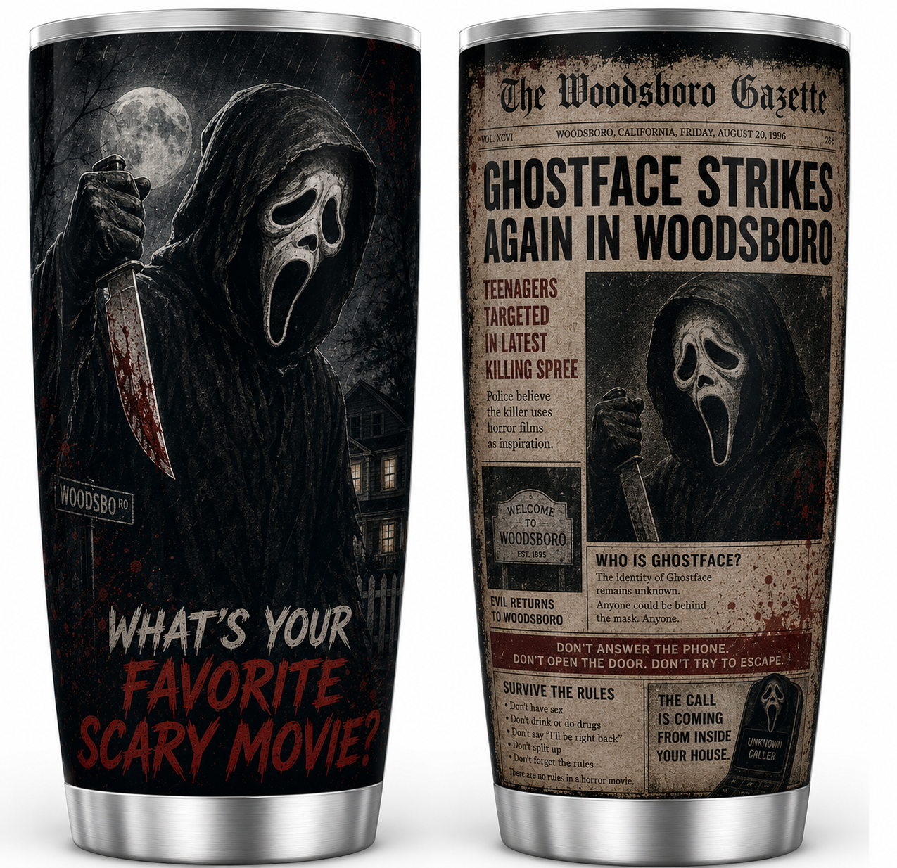 Ghostface 20oz Stainless Steel Halloween Cup - Horror Mug - Gift for Adults