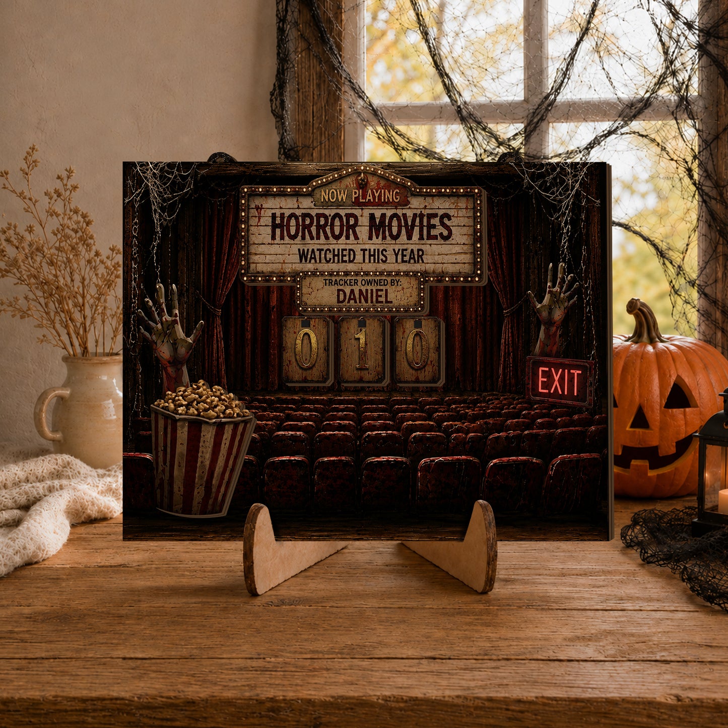 Personalized Horror Movie Watching This Year Tracker Sign, Spooky Wooden Countdown Decor, Gift for Horror Fans