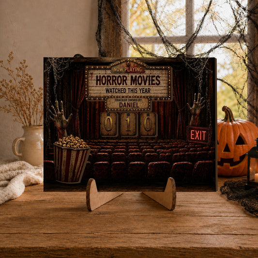 Personalized Horror Movie Watching This Year Tracker Sign, Spooky Wooden Countdown Decor, Gift for Horror Fans