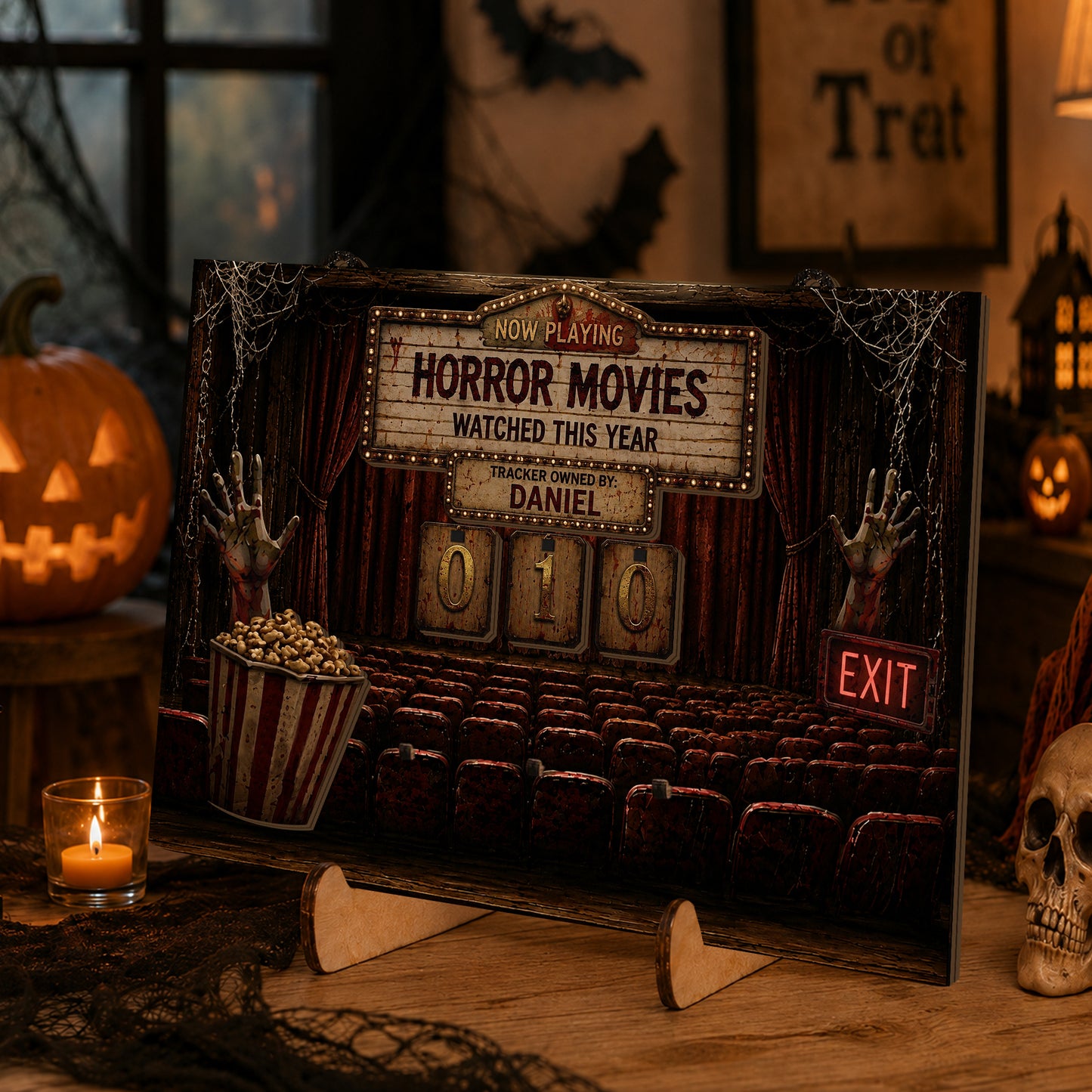 Personalized Horror Movie Watching This Year Tracker Sign, Spooky Wooden Countdown Decor, Gift for Horror Fans
