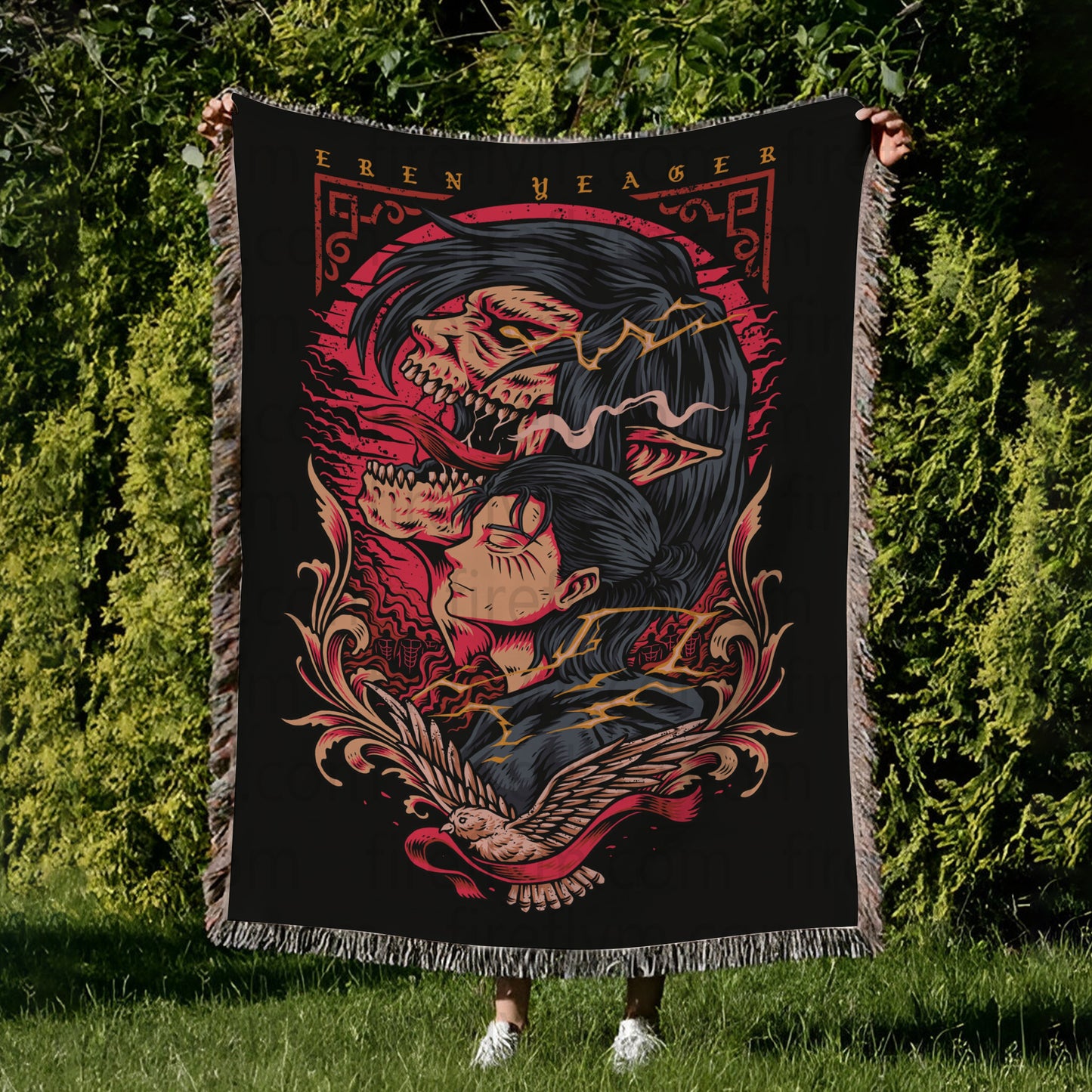 Eren Anime Tapestry Throw, Anime Hand Woven Cozy Blanket | Anime Tapestry Throw, Anime Woven Blanket, Fan Gift Fleece Blanket