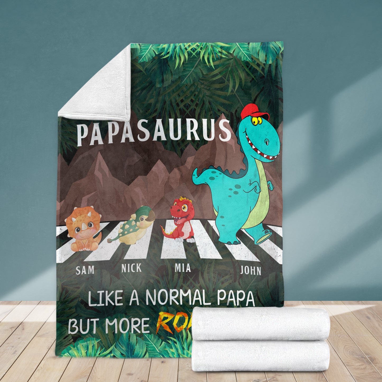 Personalized Walking Papasaurus Blanket, Custom Name Grandpasaurus Blanket- Perfect Father's Day Gift!