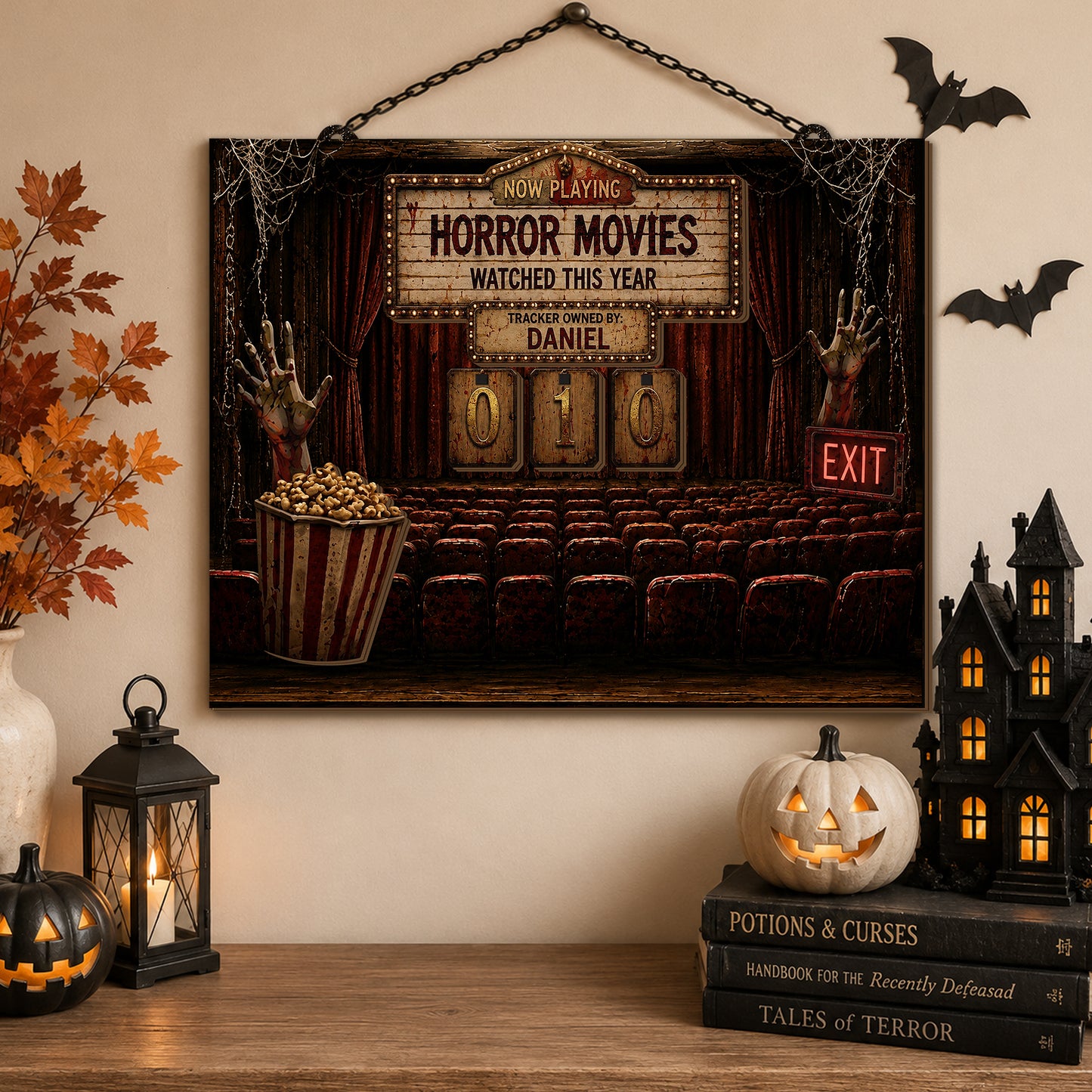 Personalized Horror Movie Watching This Year Tracker Sign, Spooky Wooden Countdown Decor, Gift for Horror Fans