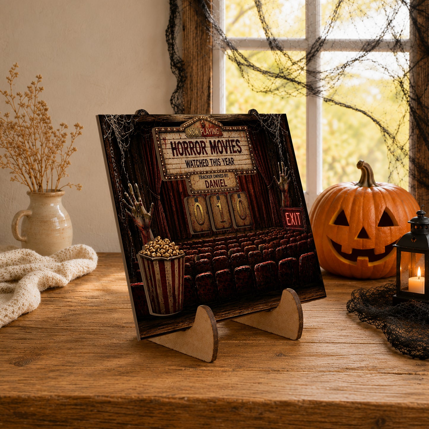Personalized Horror Movie Watching This Year Tracker Sign, Spooky Wooden Countdown Decor, Gift for Horror Fans