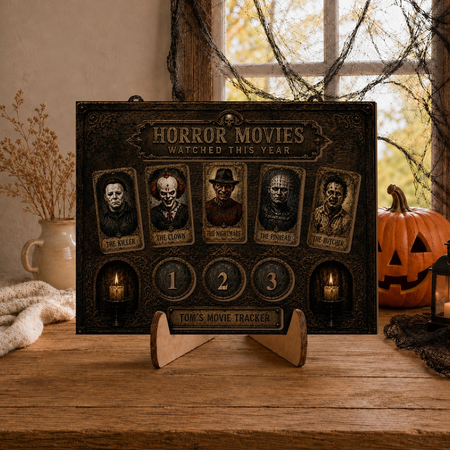 Personalized Horror Movie Watched This Year Tracker Sign, Spooky Wooden Countdown Decor, Gift for Horror Fans