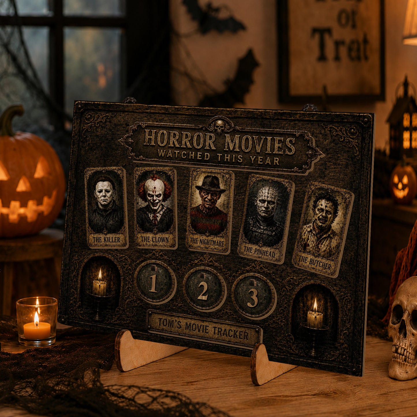 Personalized Horror Movie Watched This Year Tracker Sign, Spooky Wooden Countdown Decor, Gift for Horror Fans