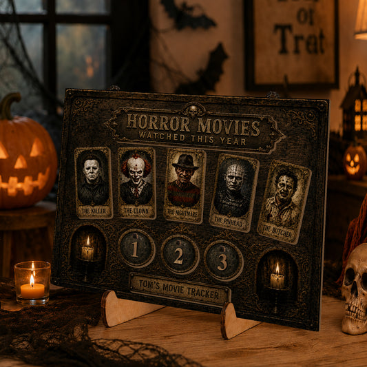 Personalized Horror Movie Watched This Year Tracker Sign, Spooky Wooden Countdown Decor, Gift for Horror Fans