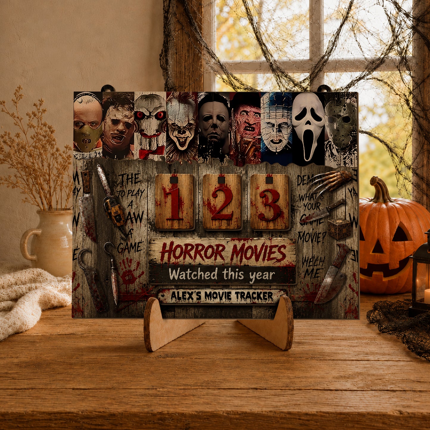 Personalized Horror Movie Tracker Sign, Horror Movies Watched This Year Board, Spooky Wooden Countdown Decor, Gift for Horror Fans