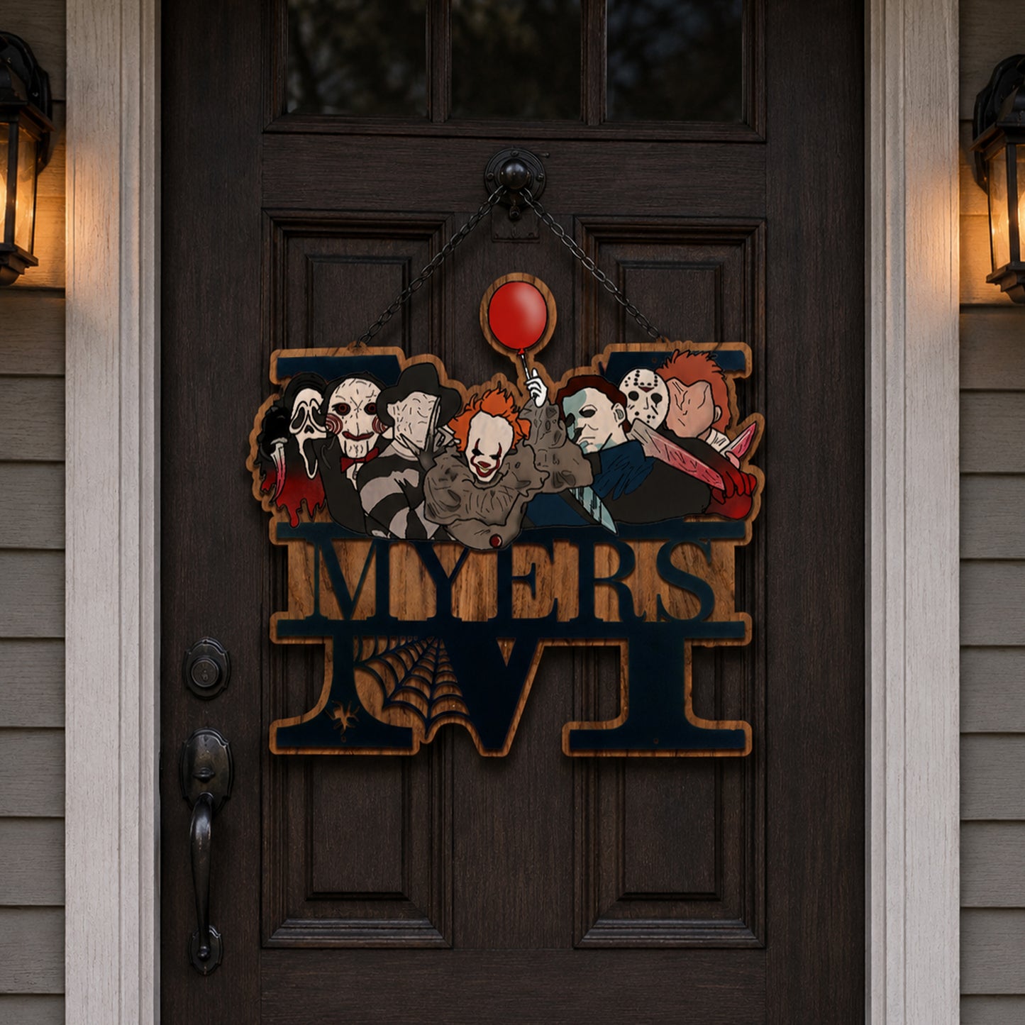 Personalized Family Name Wooden Sign, Character Horror Chibi Decor, Halloween Decor