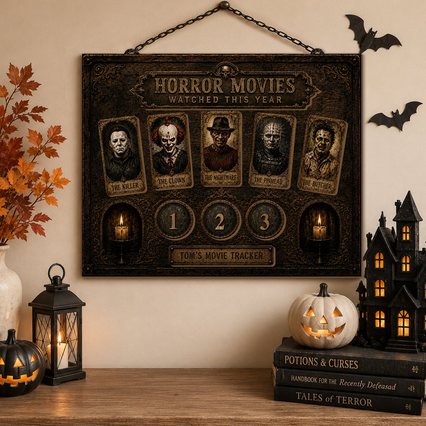 Personalized Horror Movie Watched This Year Tracker Sign, Spooky Wooden Countdown Decor, Gift for Horror Fans