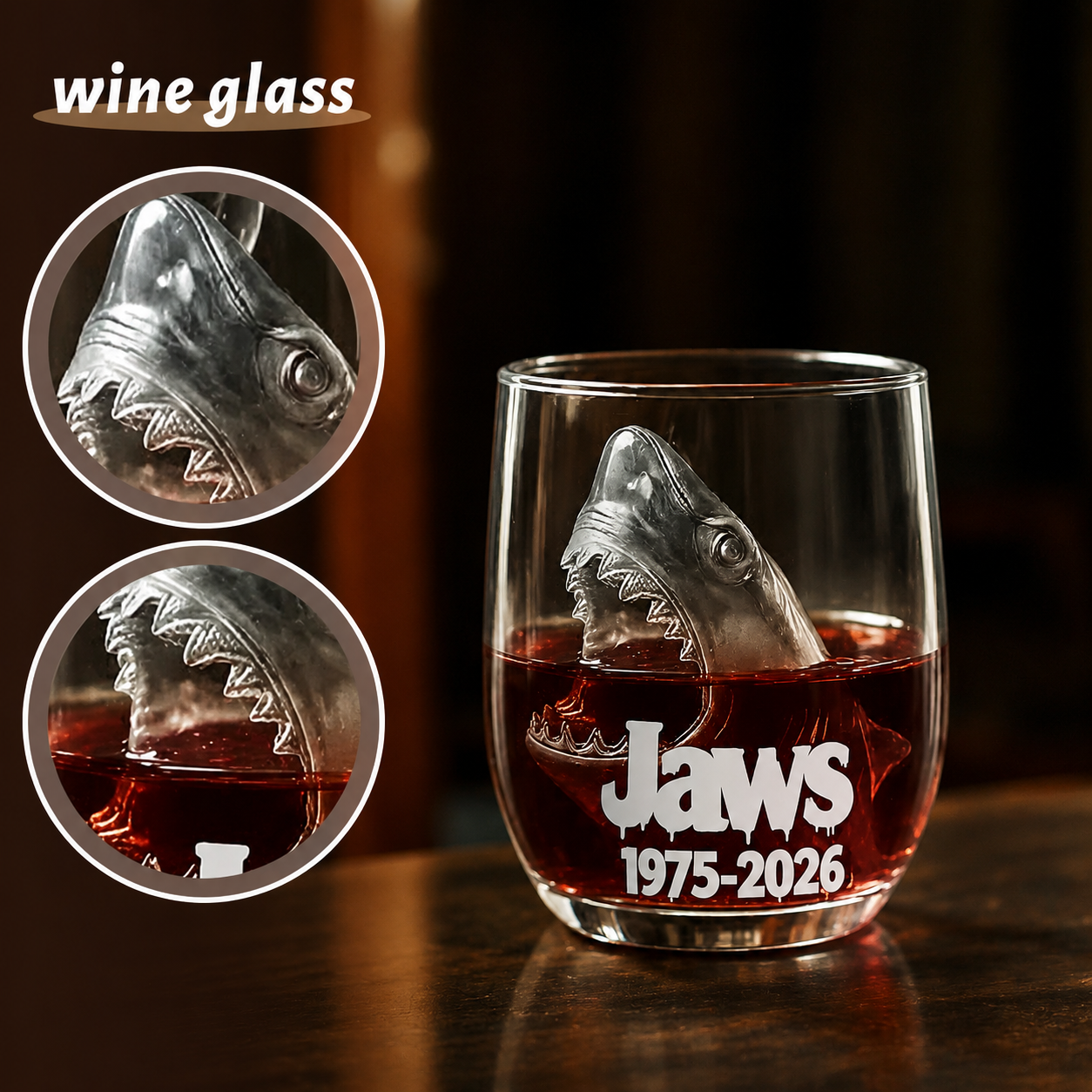 Limited Edition Jaws 50th Anniversary Whiskey Glass - Engraved 1975-2026 with Realistic Shark Glass Feature. Rare Movie Collectible.