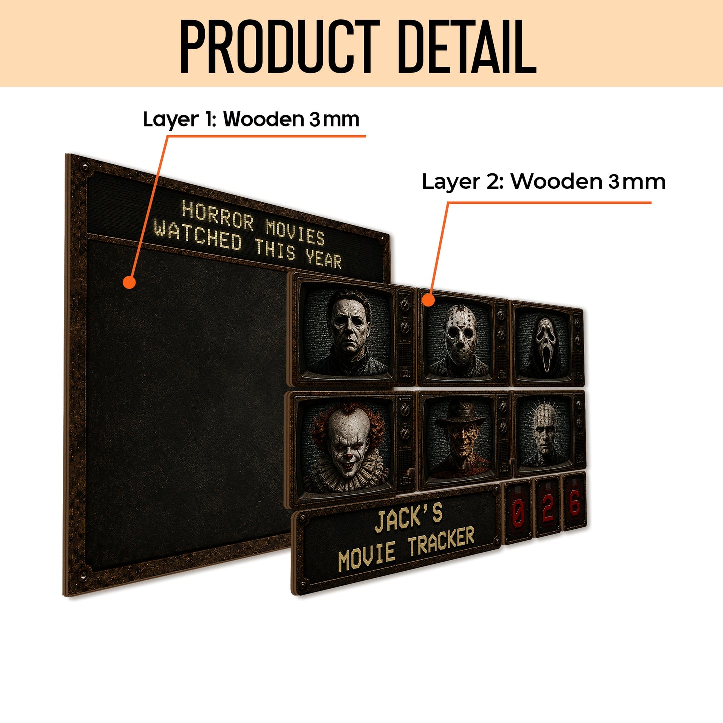Personalized Horror Movie Watched This Year Tracker Sign, Spooky Wooden Countdown Decor, Gift for Horror Fans2