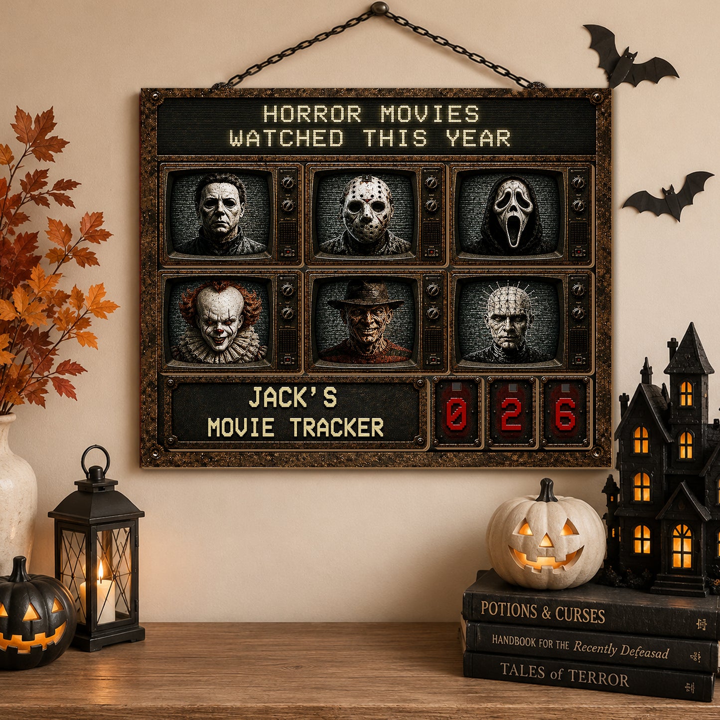 Personalized Horror Movie Watched This Year Tracker Sign, Spooky Wooden Countdown Decor, Gift for Horror Fans2