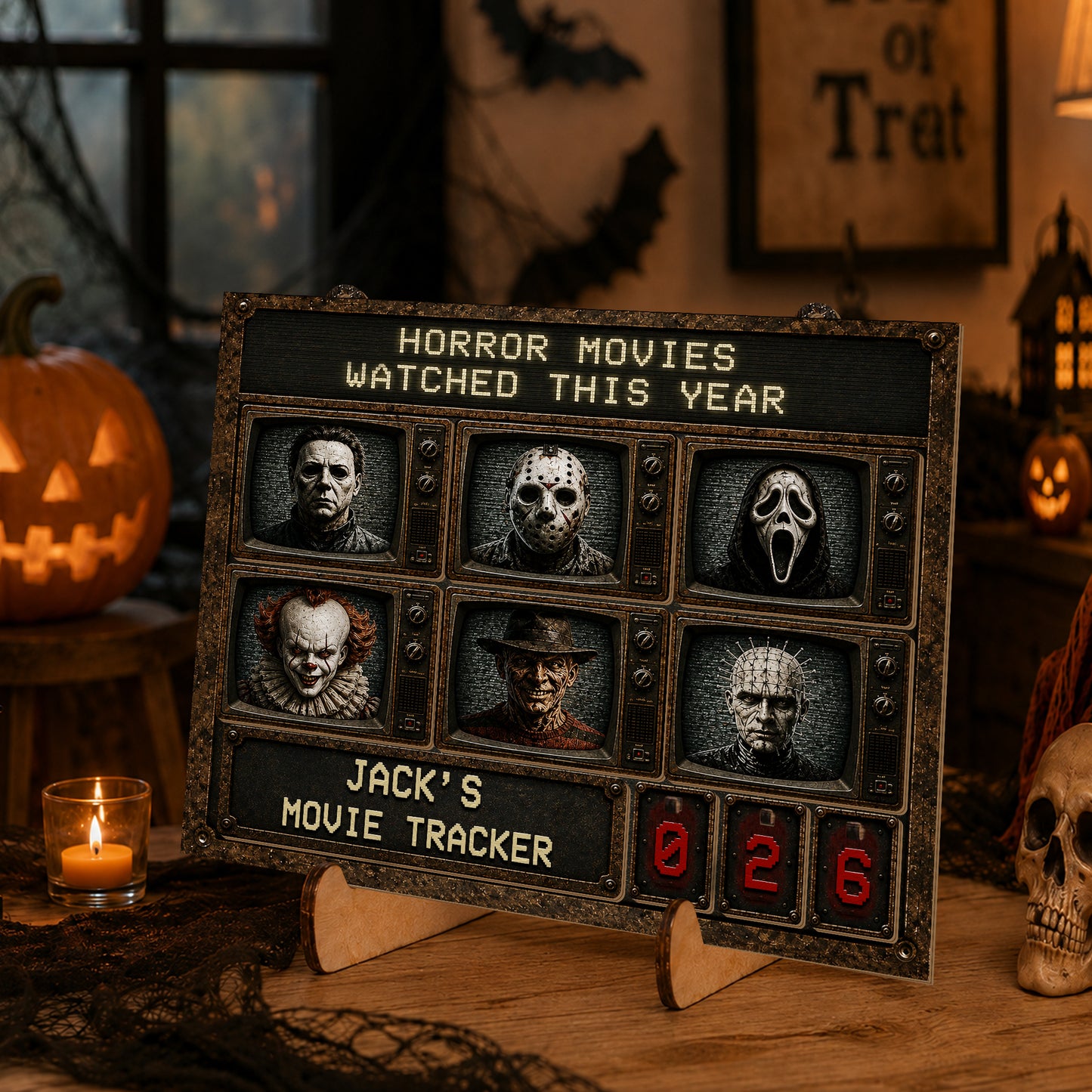Personalized Horror Movie Watched This Year Tracker Sign, Spooky Wooden Countdown Decor, Gift for Horror Fans2