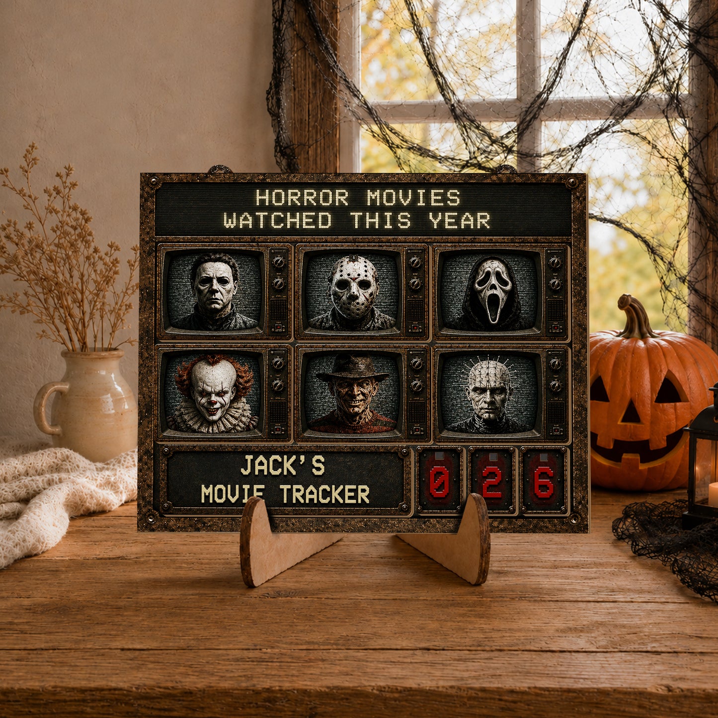 Personalized Horror Movie Watched This Year Tracker Sign, Spooky Wooden Countdown Decor, Gift for Horror Fans2