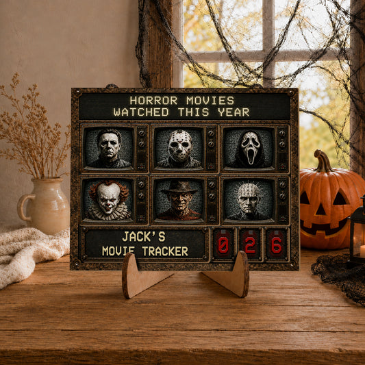 Personalized Horror Movie Watched This Year Tracker Sign, Spooky Wooden Countdown Decor, Gift for Horror Fans2