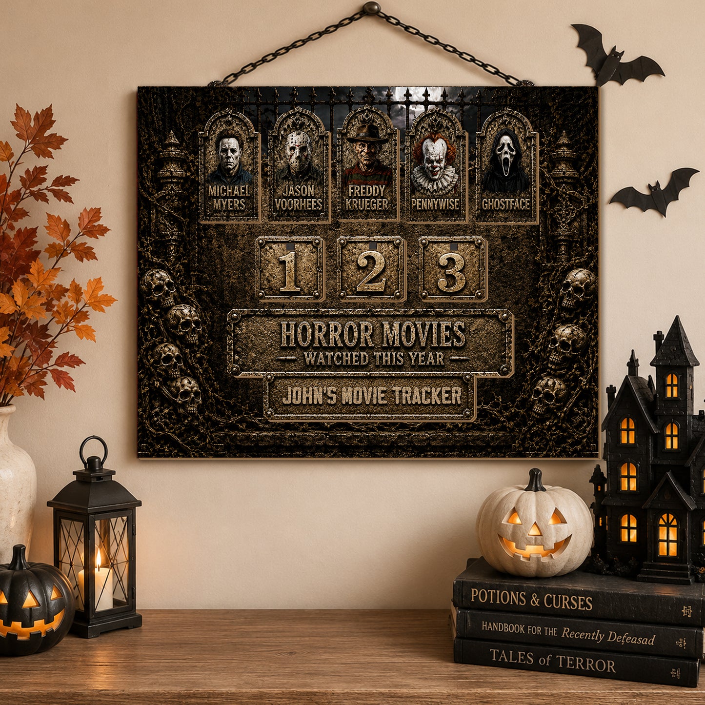Personalized Horror Movie Watched This Year Tracker Sign, Spooky Wooden Countdown Decor, Gift for Horror Fans3