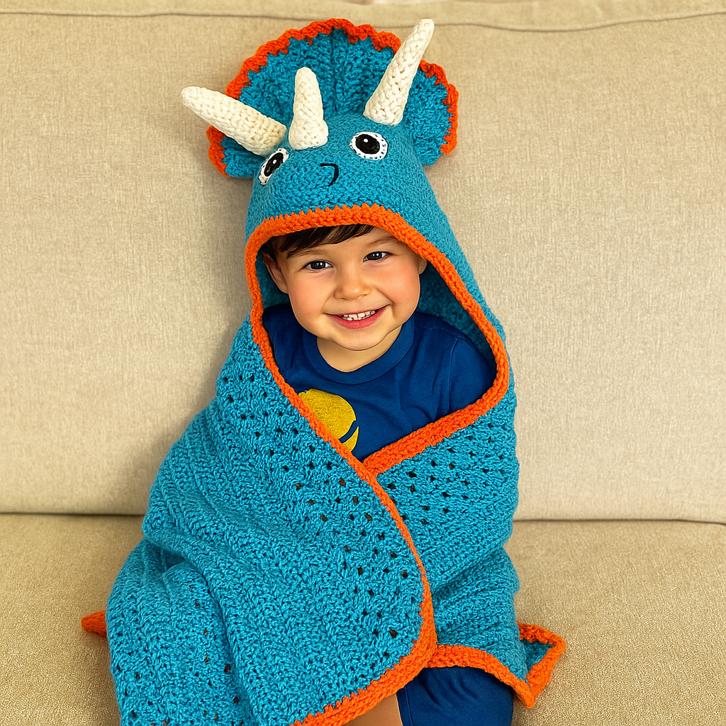 Handmade Dinosaur Crochet Blanket for Kids – Blue Triceratops Hooded Throw – Fun Cozy Gift for Boys or Girls – Custom Animal Blanket
