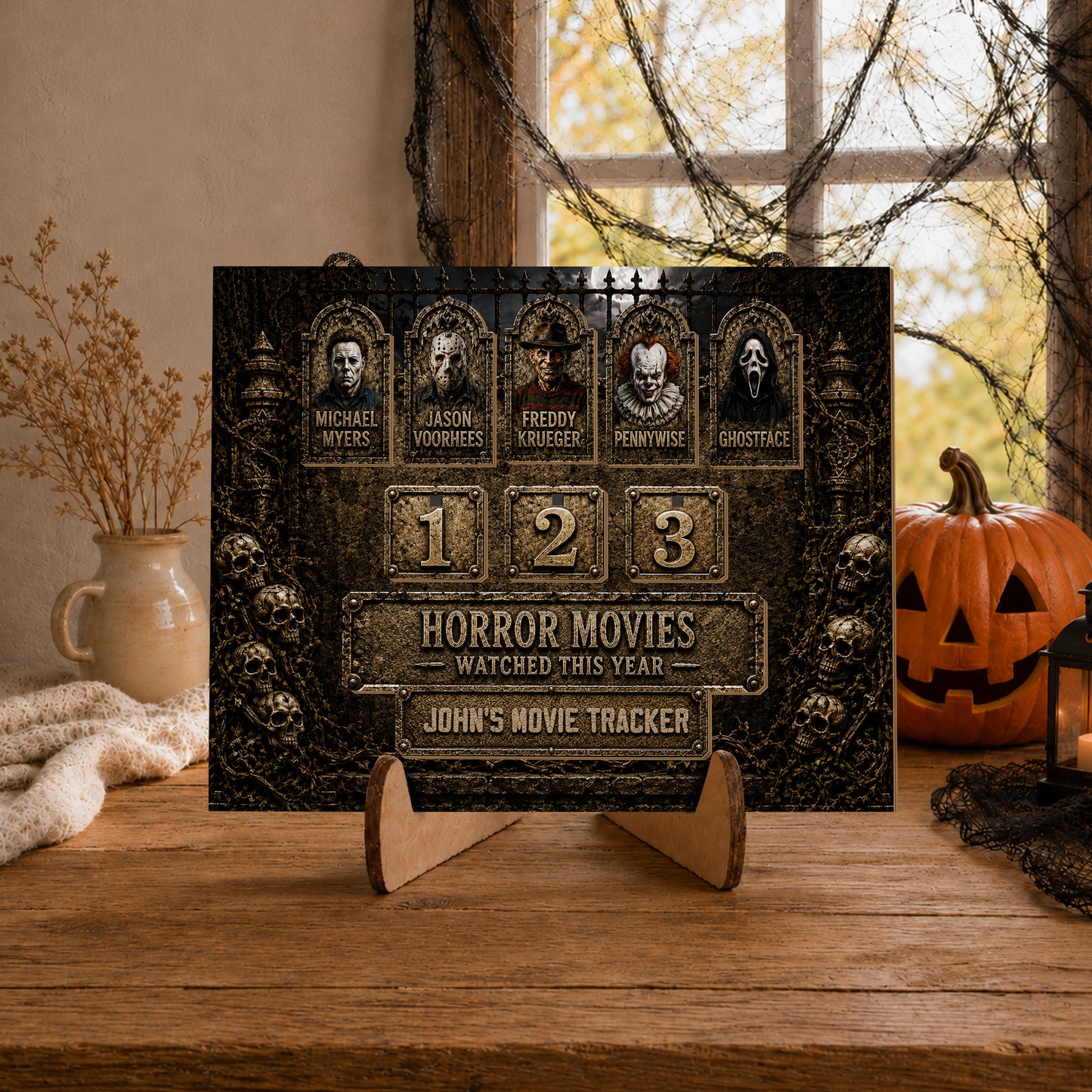 Personalized Horror Movie Watched This Year Tracker Sign, Spooky Wooden Countdown Decor, Gift for Horror Fans3