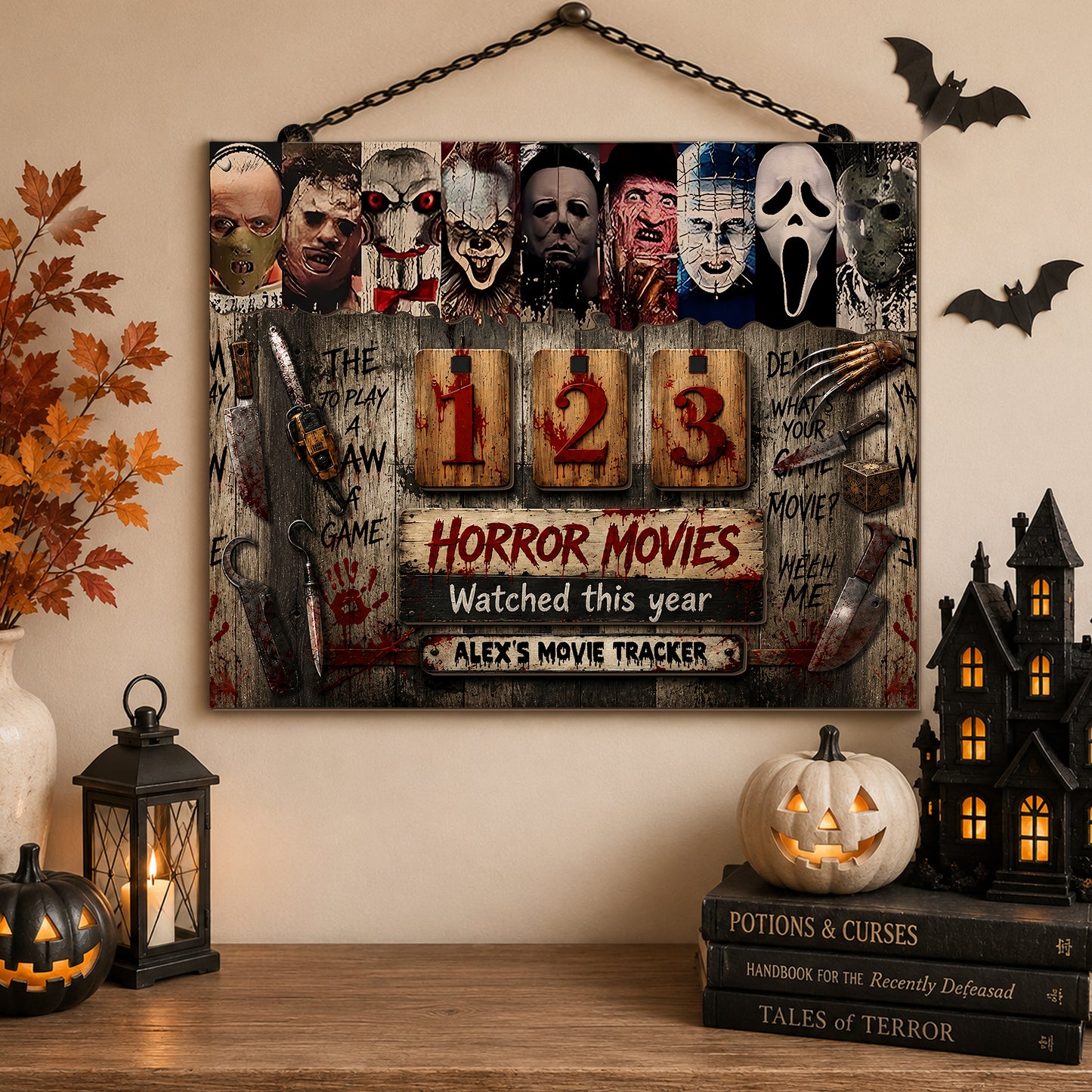 Personalized Horror Movie Tracker Sign, Horror Movies Watched This Year Board, Spooky Wooden Countdown Decor, Gift for Horror Fans