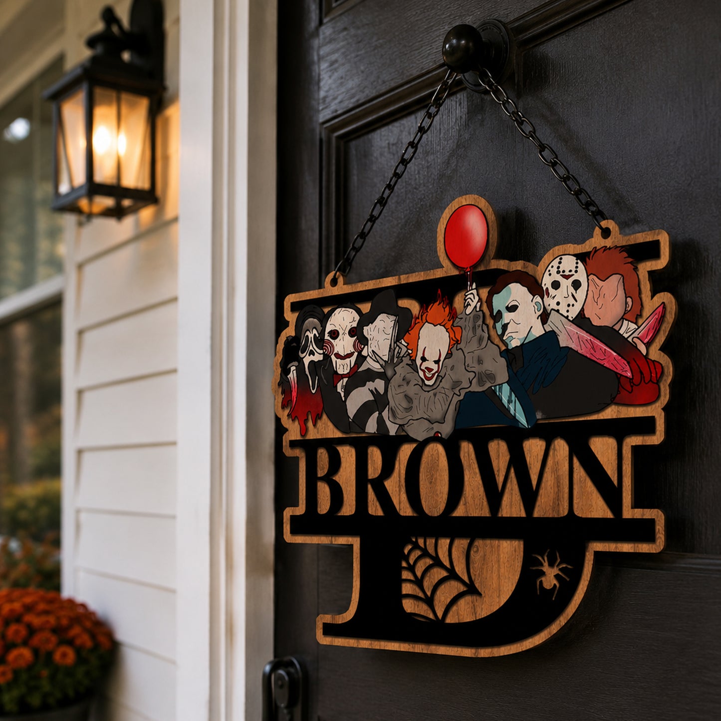 Personalized Family Name Wooden Sign, Character Horror Chibi Decor, Halloween Decor