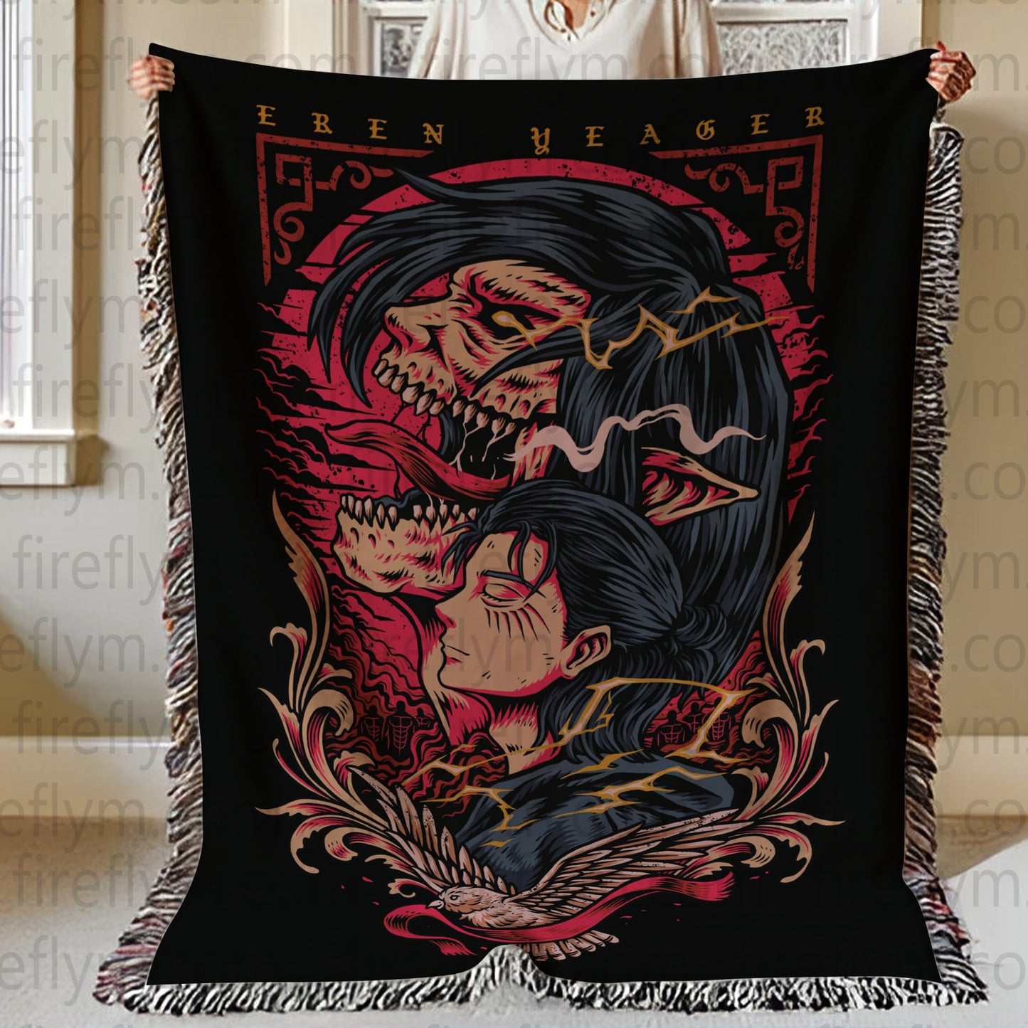 Eren Anime Tapestry Throw, Anime Hand Woven Cozy Blanket | Anime Tapestry Throw, Anime Woven Blanket, Fan Gift Fleece Blanket