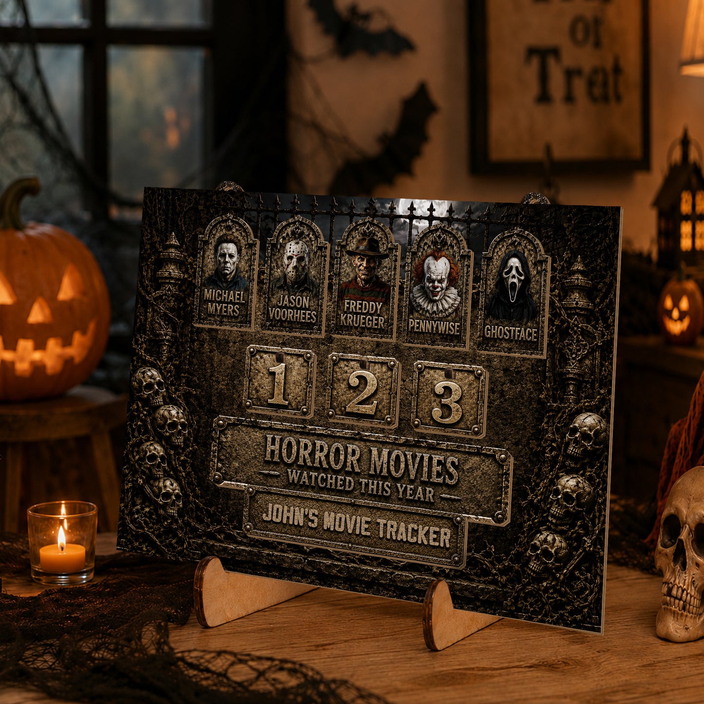 Personalized Horror Movie Watched This Year Tracker Sign, Spooky Wooden Countdown Decor, Gift for Horror Fans3