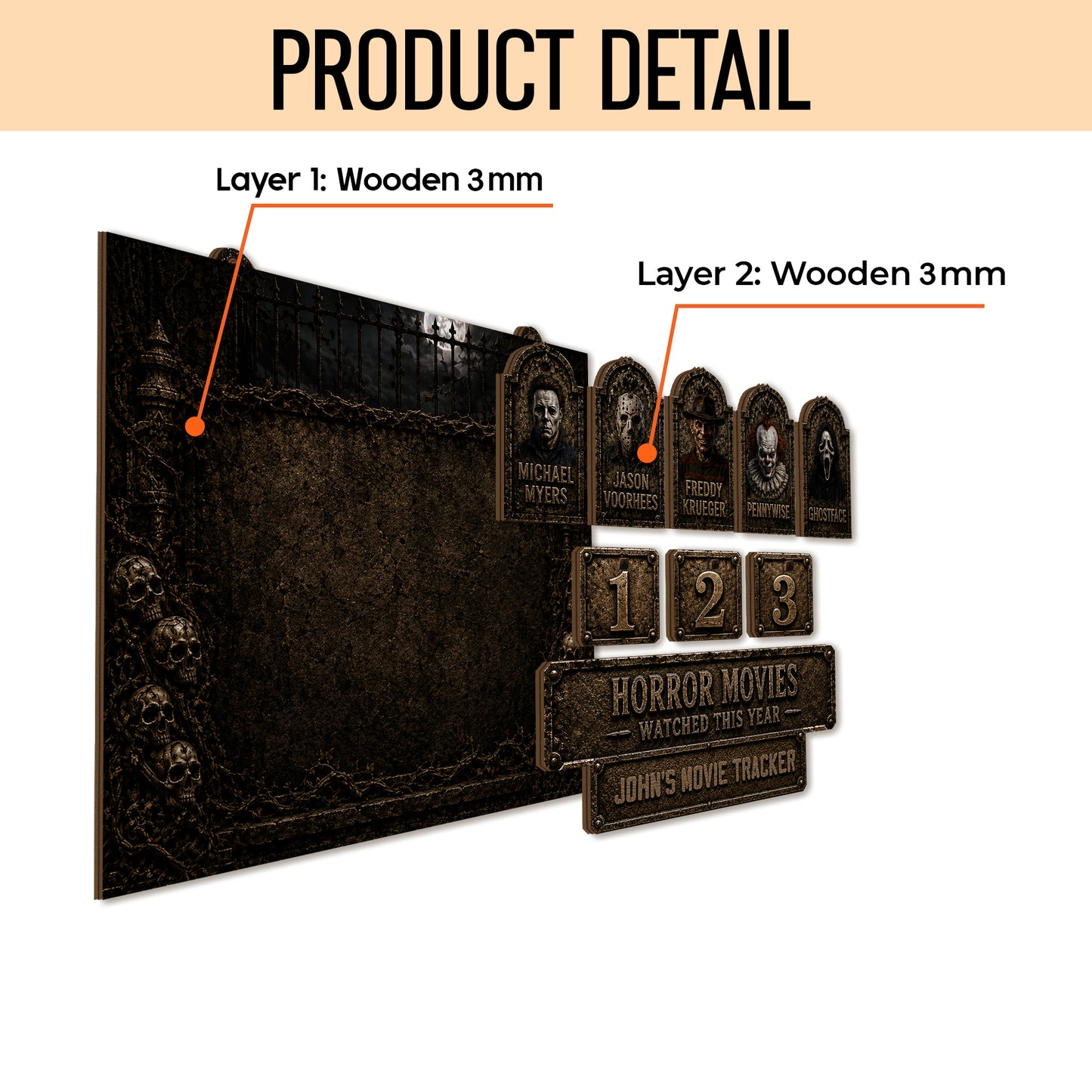 Personalized Horror Movie Watched This Year Tracker Sign, Spooky Wooden Countdown Decor, Gift for Horror Fans3