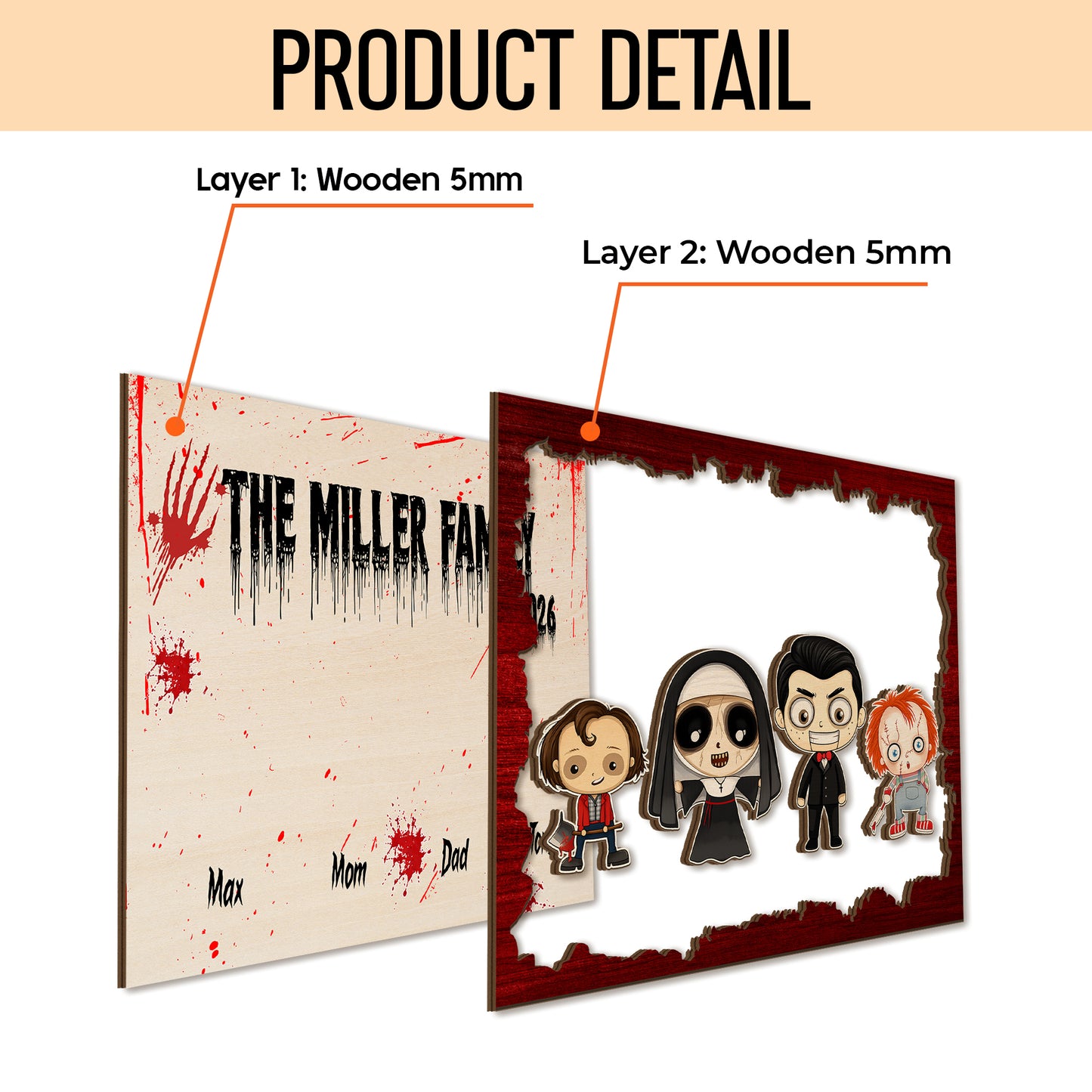 Personalized Family Wooden Sign, Character Horror Chibi Decor, Halloween Decor