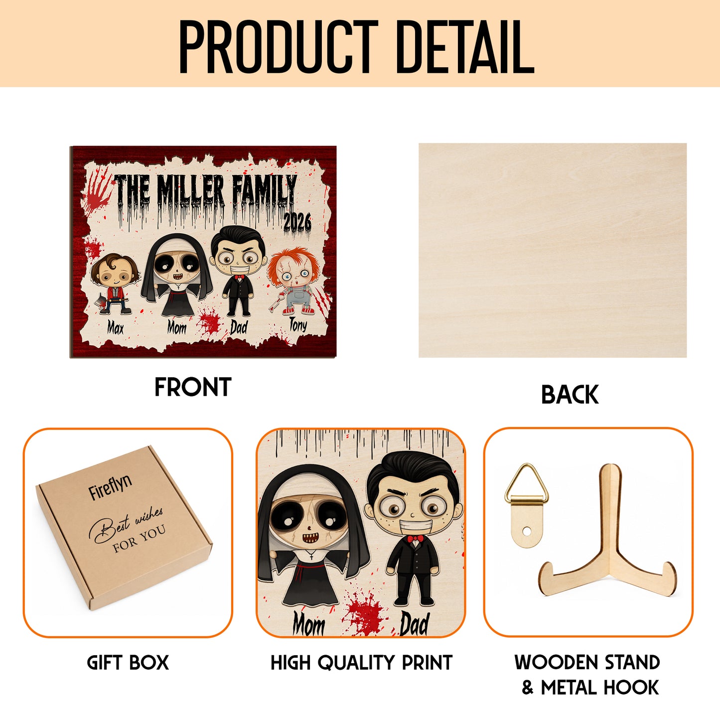 Personalized Family Wooden Sign, Character Horror Chibi Decor, Halloween Decor