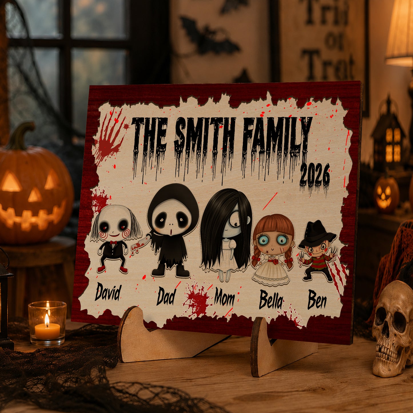 Personalized Family Wooden Sign, Character Horror Chibi Decor, Halloween Decor