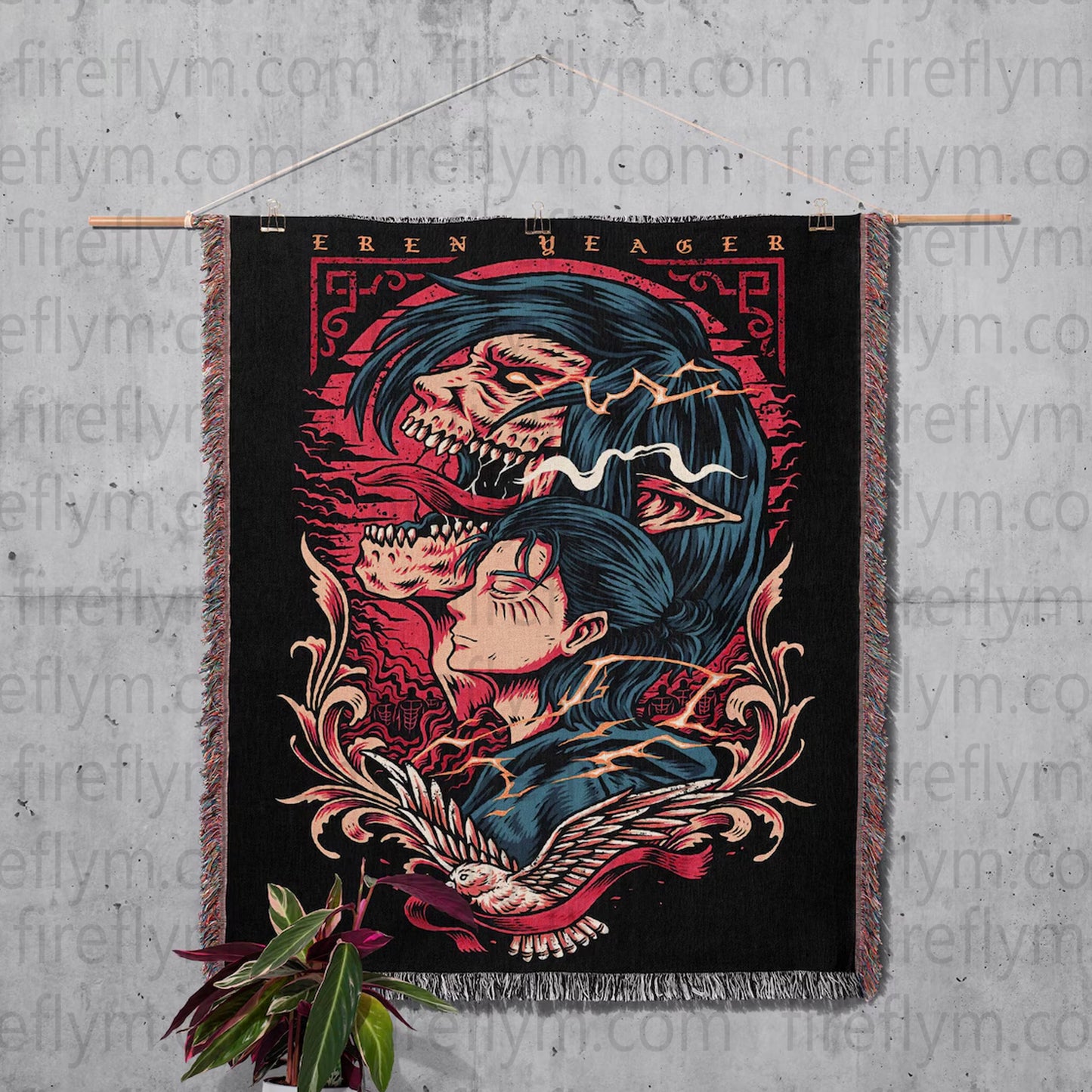 Eren Anime Tapestry Throw, Anime Hand Woven Cozy Blanket | Anime Tapestry Throw, Anime Woven Blanket, Fan Gift Fleece Blanket