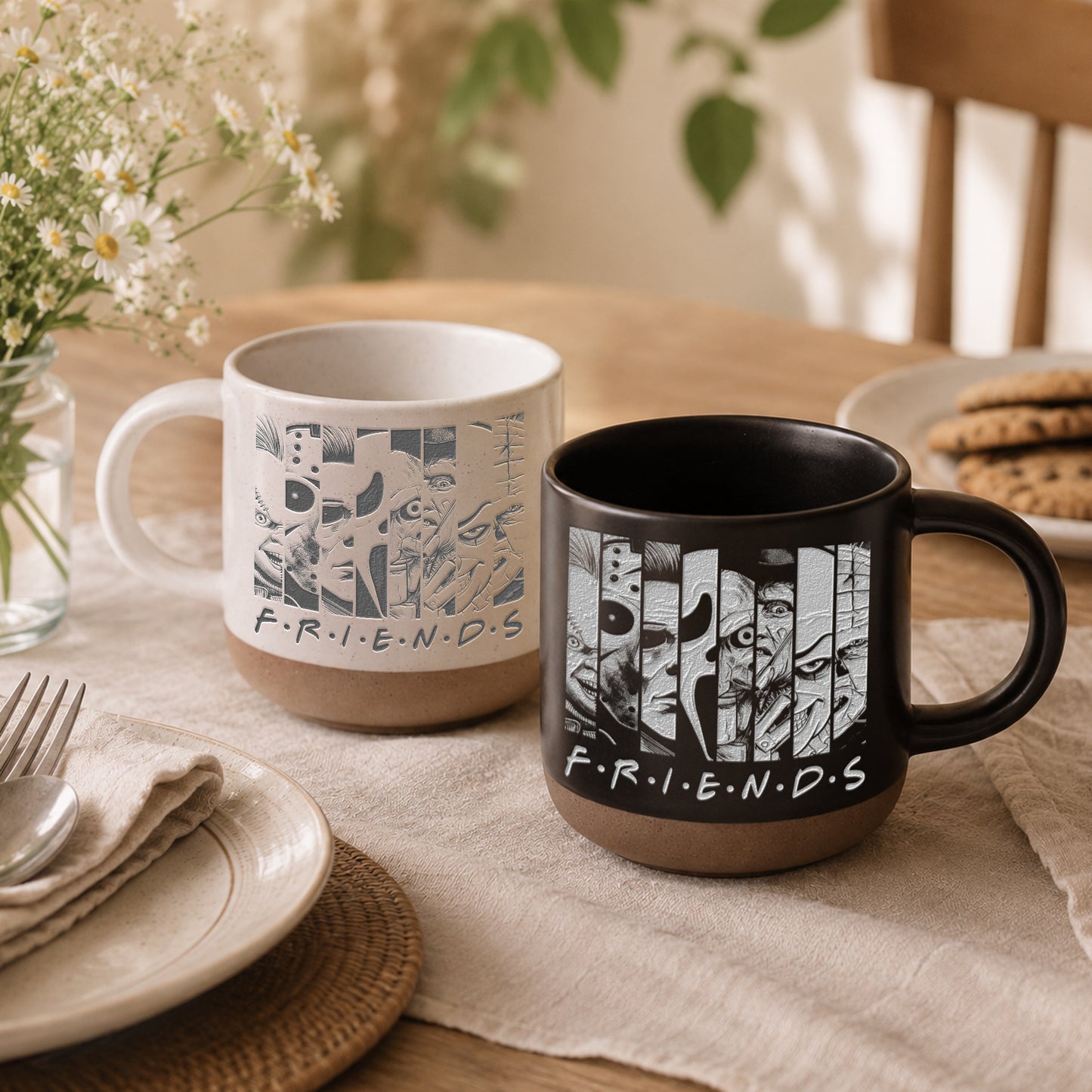Engraved Horror Character Mug | Spooky Friends Coffee Mug | Gothic Gift for Horror Movies Fans