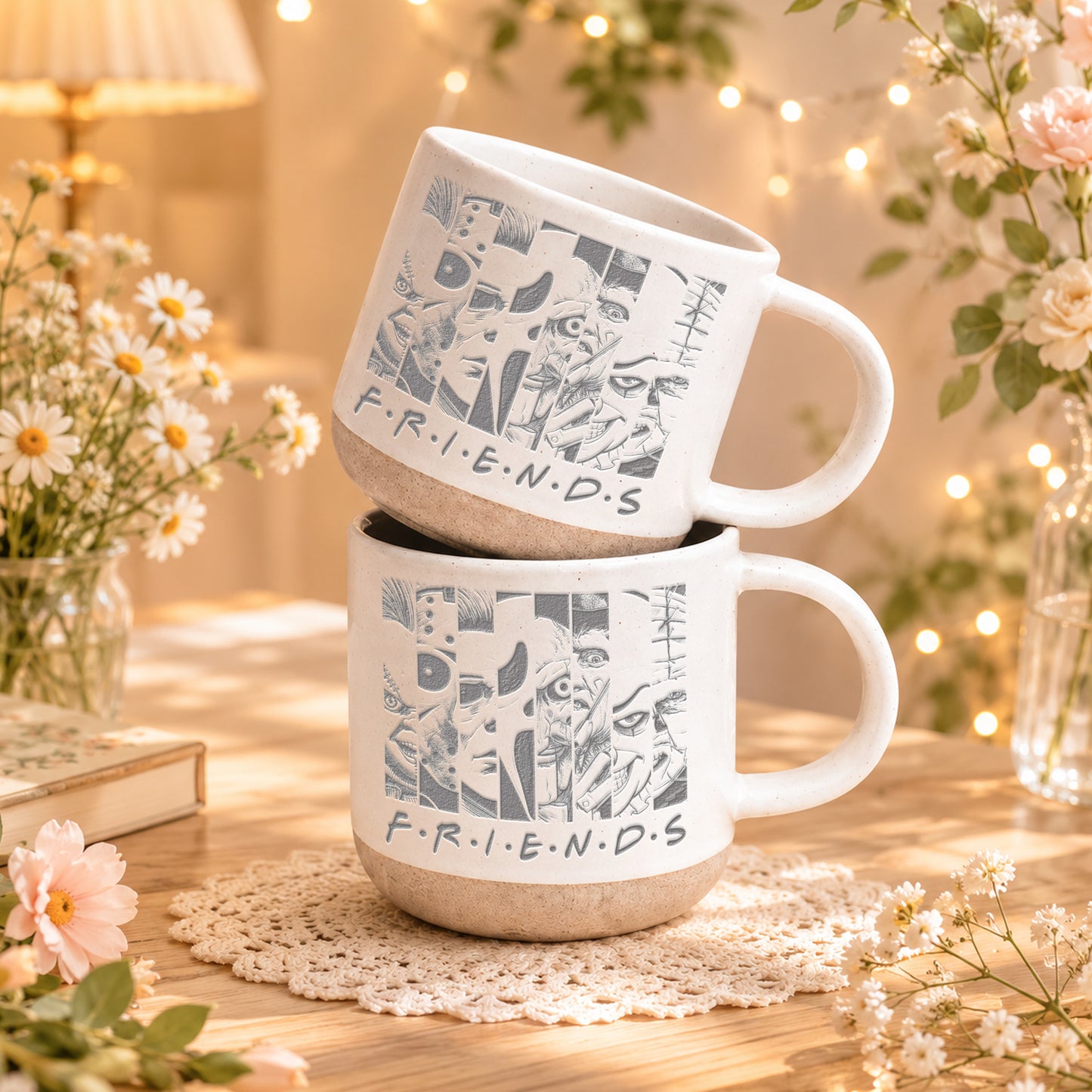Engraved Horror Character Mug | Spooky Friends Coffee Mug | Gothic Gift for Horror Movies Fans