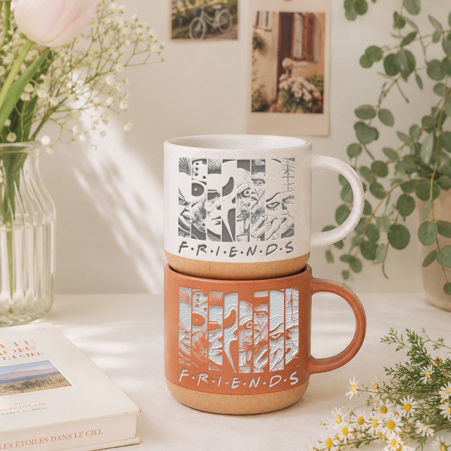 Engraved Horror Character Mug | Spooky Friends Coffee Mug | Gothic Gift for Horror Movies Fans