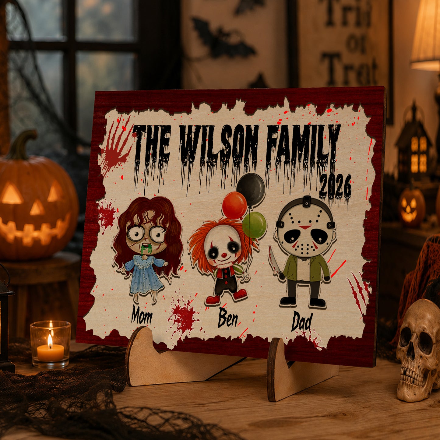 Personalized Family Wooden Sign, Character Horror Chibi Decor, Halloween Decor