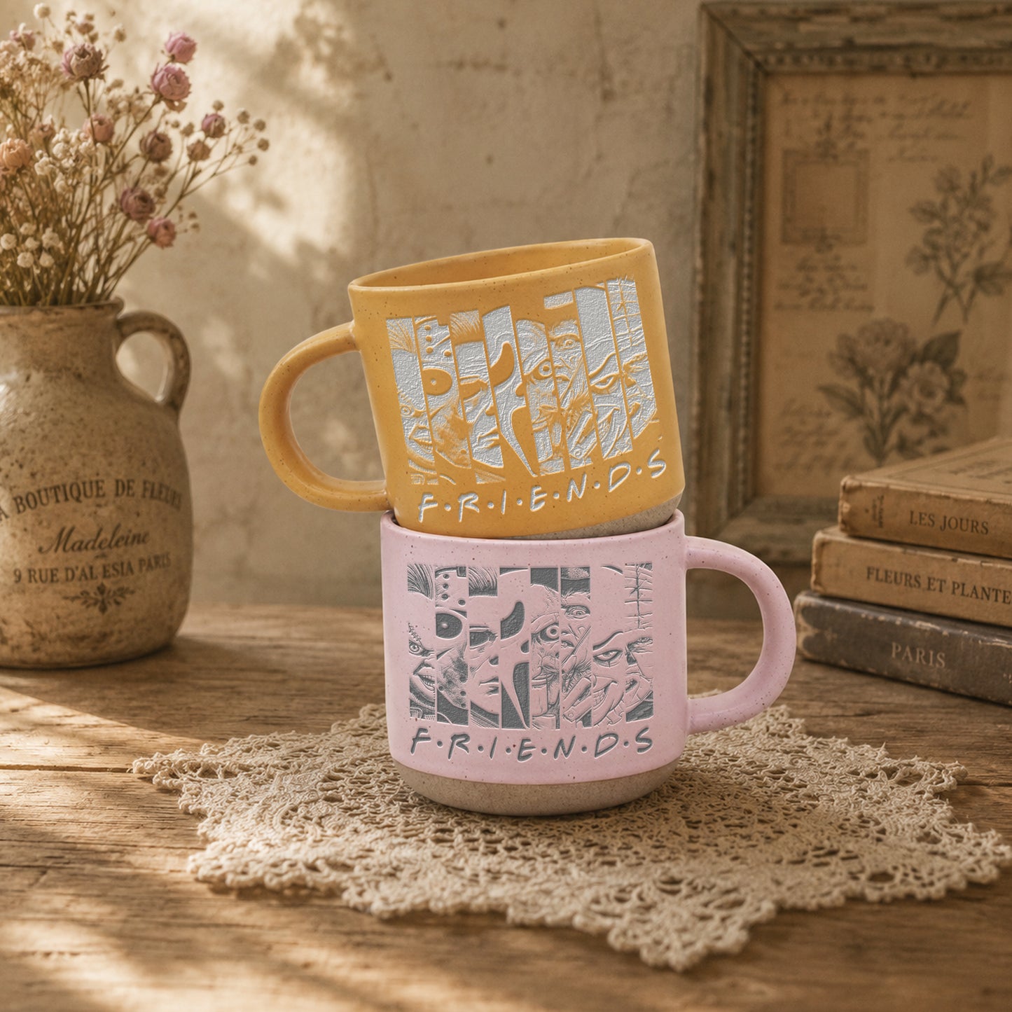 Engraved Horror Character Mug | Spooky Friends Coffee Mug | Gothic Gift for Horror Movies Fans