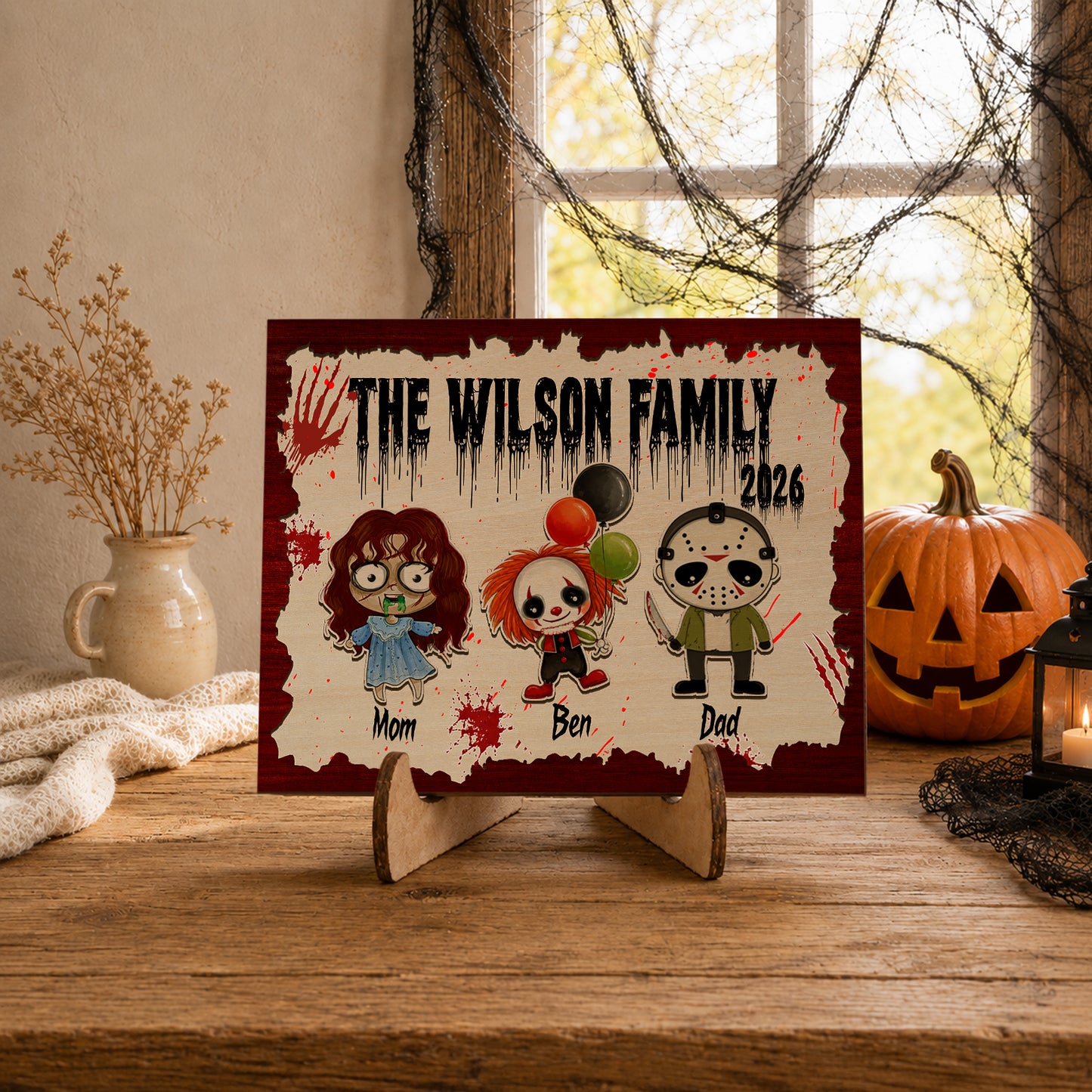 Personalized Family Wooden Sign, Character Horror Chibi Decor, Halloween Decor