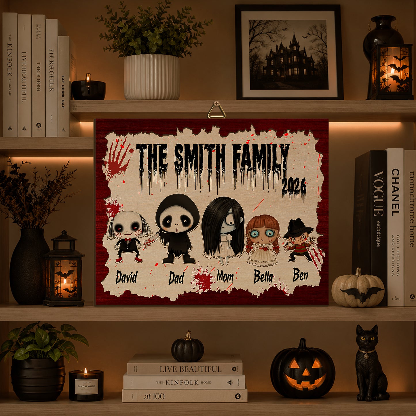 Personalized Family Wooden Sign, Character Horror Chibi Decor, Halloween Decor