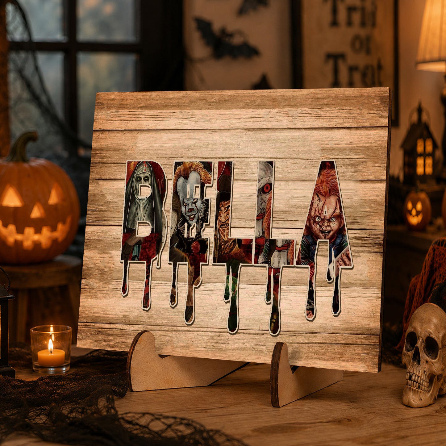 Personalized Horror Movie Name Wooden Sign, Character Horror Chibi Decor, Halloween Decor