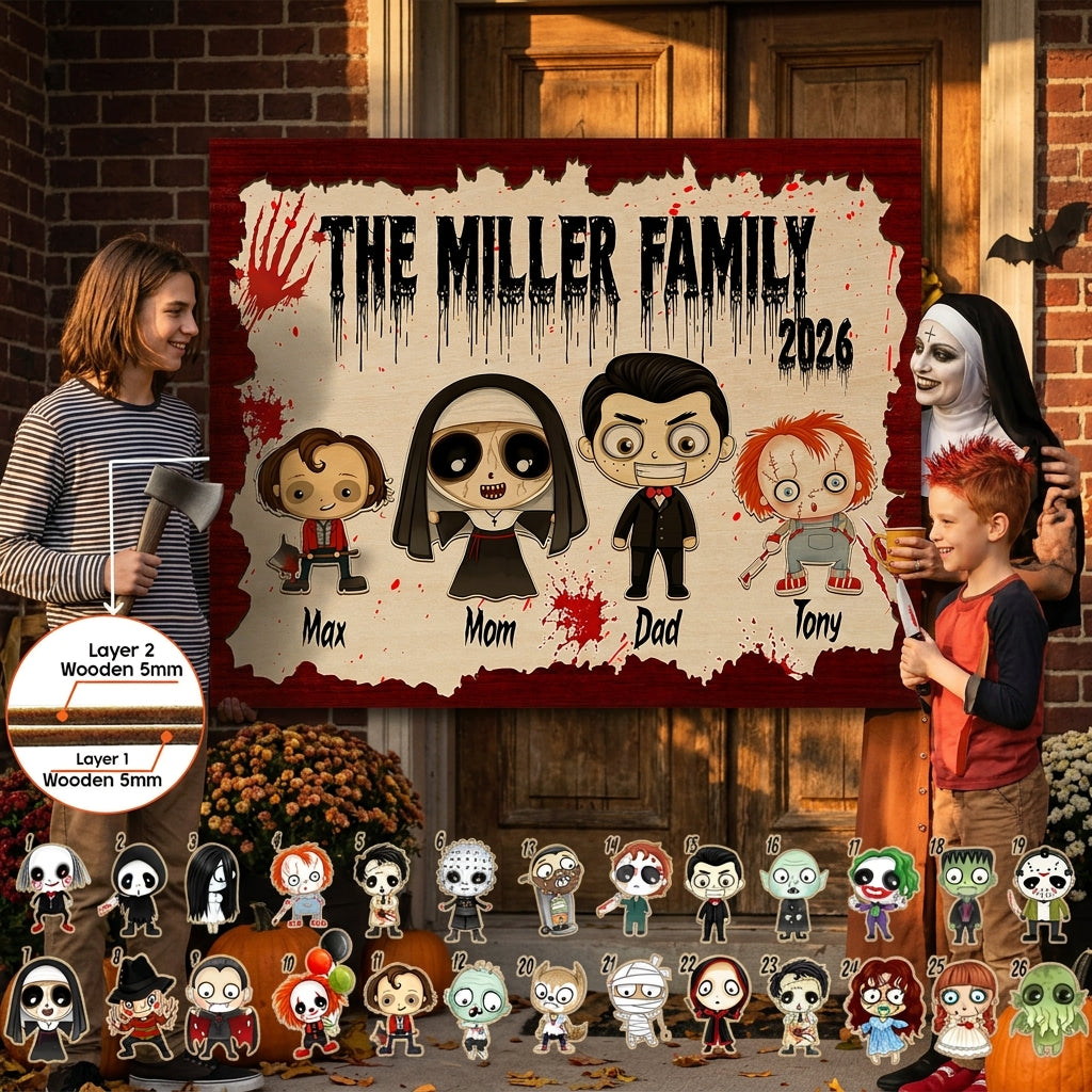 Personalized Family Wooden Sign, Character Horror Chibi Decor, Halloween Decor