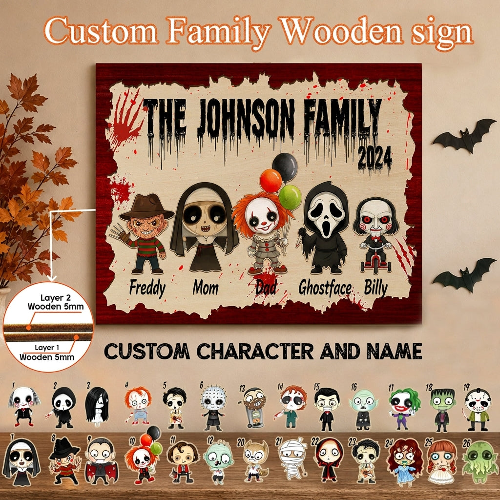 Personalized Family Wooden Sign, Character Horror Chibi Decor, Halloween Decor