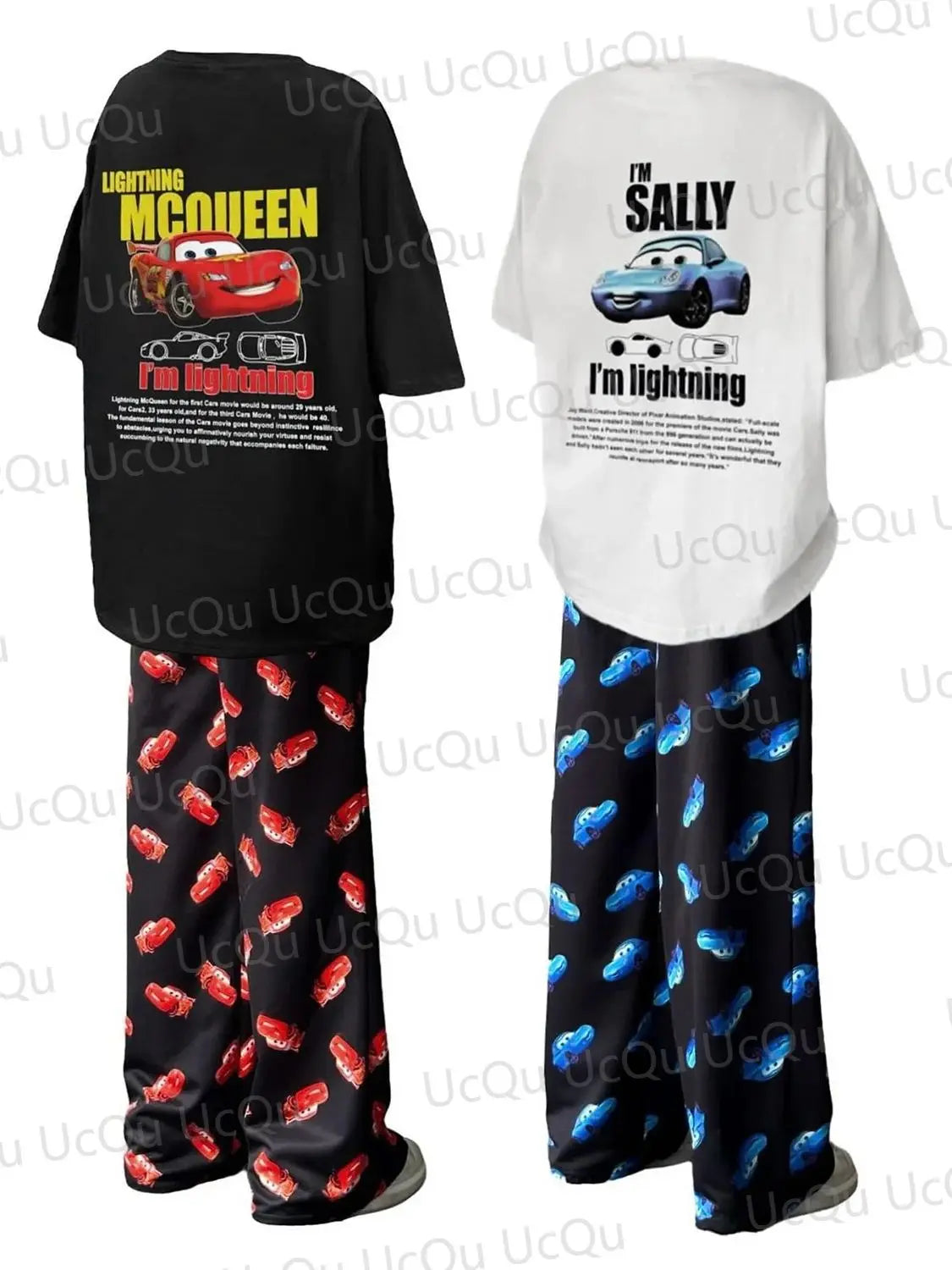Valentine The Cars Lightning McQueen & SALLY Summer Cotton T-Shirt With Pajama pants Oversized Suit For Adult/Kids his-and-hers clothes