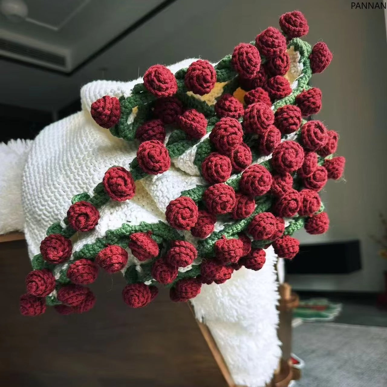 Personalized Crochet Flower Bouquet Blanket,Crocheted 3D Red Rose Bouquet,Granny Square Afghan, Knitted Sofa Blanket, Mother's Day Gift