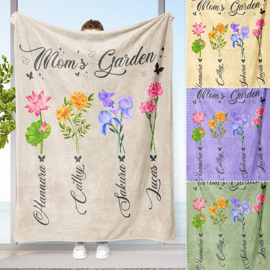 Custom Birth Month Flower Blanket, Nana's Garden Throw Blanket, Gift for Grandma, Mom With Kids Name