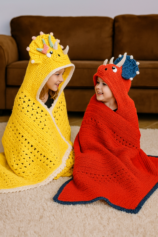 Handmade Dinosaur Crochet Blanket for Kids – Blue Triceratops Hooded Throw – Fun Cozy Gift for Boys or Girls – Custom Animal Blanket