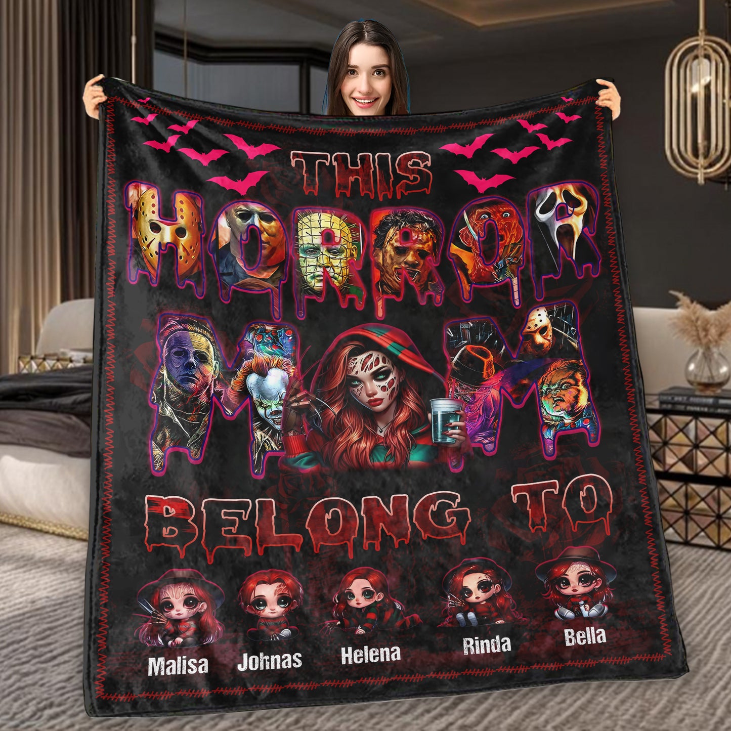 Custom Horror Mom Woven Cozy Blanket, This Horror Mom Belong To Gift Fleece Blanket, Custom Name For Kids