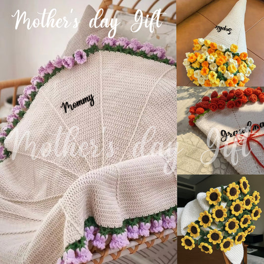 Personalized Crochet Flower Bouquet Blanket,Crocheted 3D Red Rose Bouquet,Granny Square Afghan, Knitted Sofa Blanket, Mother's Day Gift